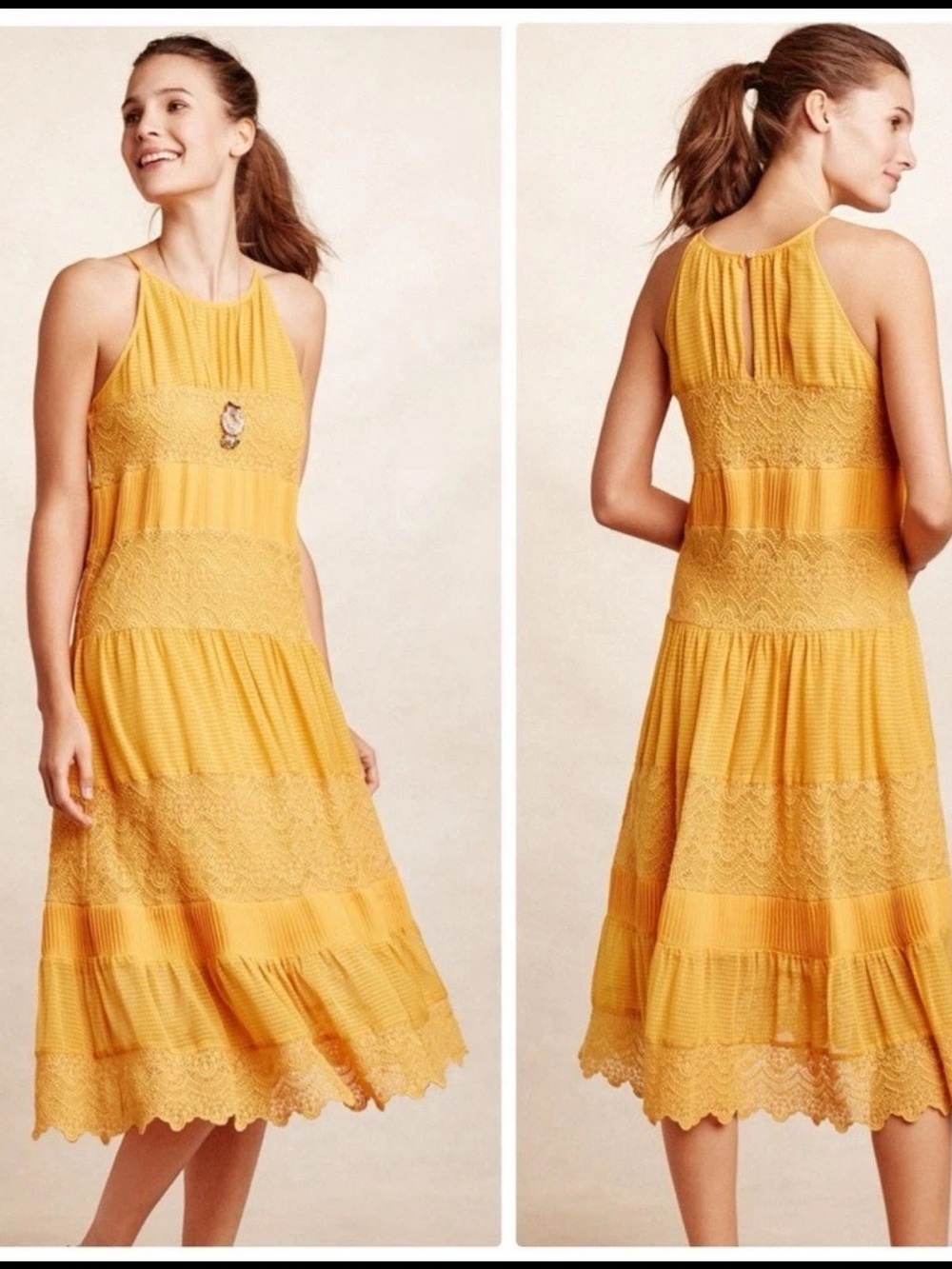 Anthropologie Yellow Lace Midi Dress - Women